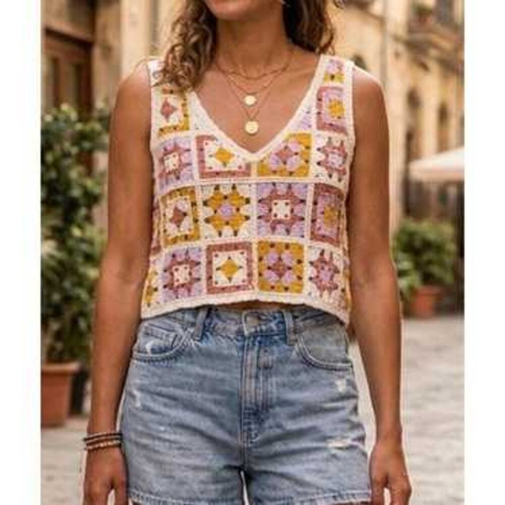 Boho Chic Festival Rebellion Lace Edge Crochet Patchwork Granny Square Tank Top